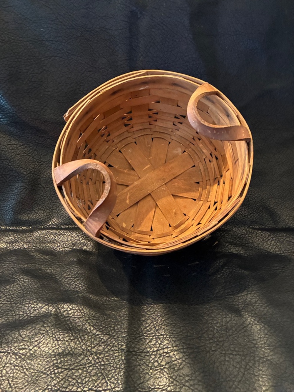 Longaberger Brown Woven Round Basket with Twin leather Handles